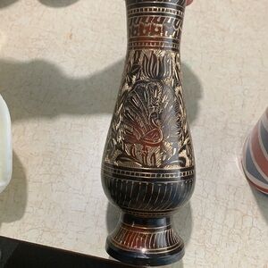 Intricately Designed Black and Gold Brass Vase